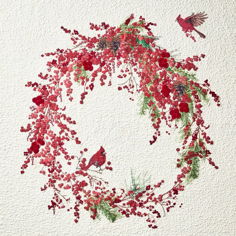 Pottery Barn Red Berry Wreath Quilt Bedding Embroidered Cardinal Full Queen NWT
